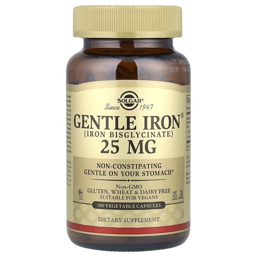 Основне фото товару Gentle Iron 25 mg Основне фото товару Solgar, Gentle Iron 25 mg, М'яке Залізо 25 мг, 180 капсул