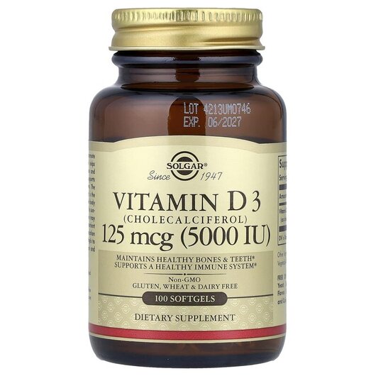 Основне фото товару Solgar, Vitamin D3 125 mcg 5000 IU, Вітамін D3, 100 капсул