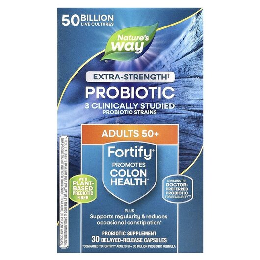 Основне фото товару Fortify Ages 50+ Probiotic + Prebiotics Extra Strength 50 Billion Основне фото товару Fortify Ages 50+ Probiotic + Prebiotics, Пребіотики, 30 капсул
