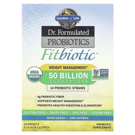 Основное фото товара Organic Dr. Formulated Probiotics Fitbiotic Unflavored 20 Packets Основное фото товара Garden of Life, Пробиотики 20 пакетов по, Probiotics Fitbiotic, 4