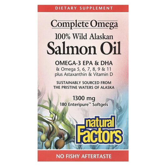 Основне фото товару 100% Wild Alaskan Salmon Oil 1300 mg Основне фото товару Natural Factors, Salmon Oil, Олія з дикого лосося, 180 капсул