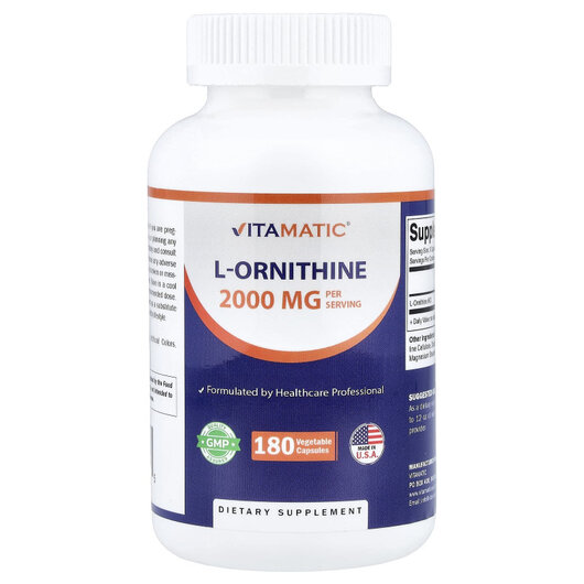 Основне фото товару L-Ornithine, 666 mg Основне фото товару Vitamatic, L-Ornithine, 666 mg, L-Орнітин, 180 капсул