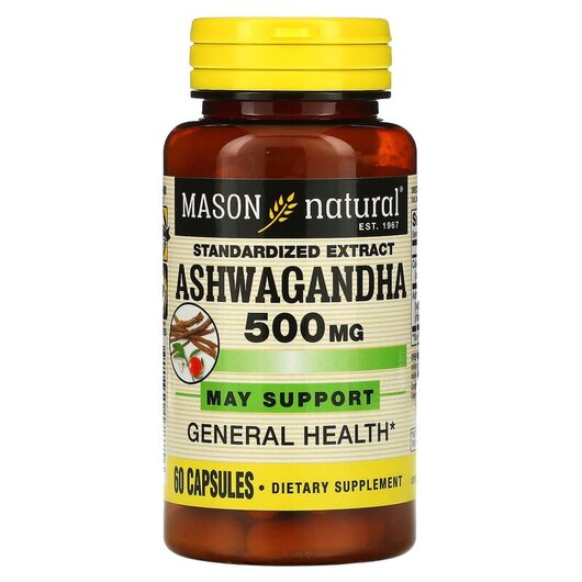 Основное фото товара Standardized Extract Ashwagandha 500 mg Основное фото товара Mason, Ашвагандха 500 мг, Ashwagandha 500 mg, 60 капсул
