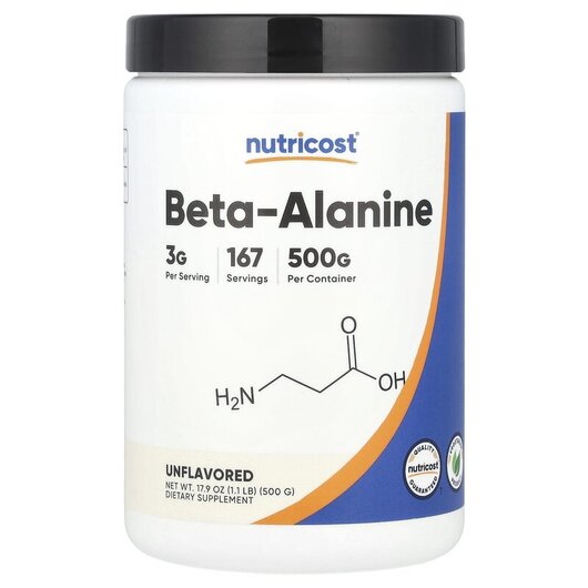 Основне фото товару Nutricost, Beta-Alanine Unflavored, Бета-аланін, 500 г