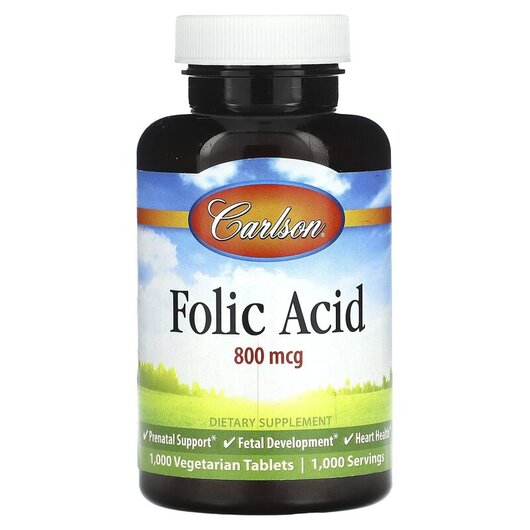 Основне фото товару Folic Acid 800 mcg Основне фото товару Carlson, Folic Acid 800 mcg, Вітамін B9 Фолієва кислота, 1000 таб