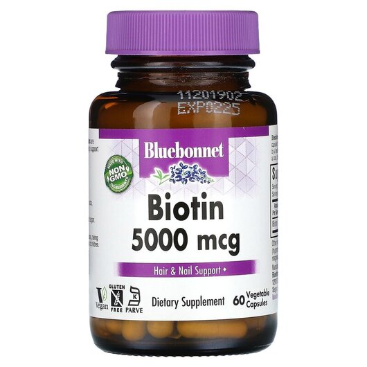 Основное фото товара Biotin 5000 mcg Основное фото товара Bluebonnet Nutrition, Витамин B7 Биотин, Biotin 5000 mcg, 60 капс