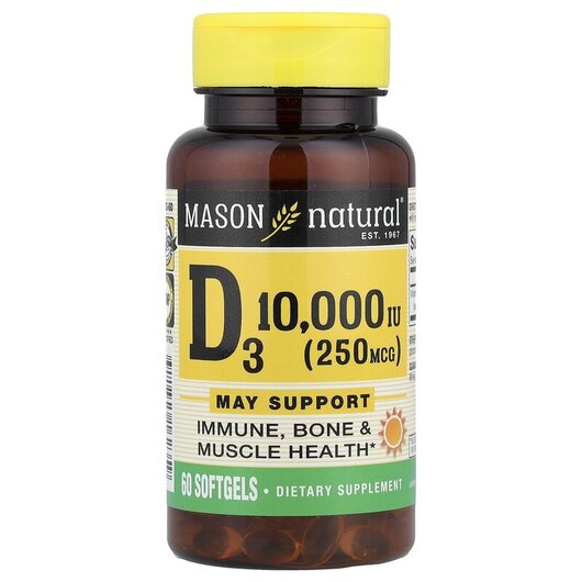 Основное фото товара Vitamin D3 250 mcg 10000 IU Основное фото товара Mason, Витамин D3, Vitamin D3 250 mcg 10000 IU, 60 капсул