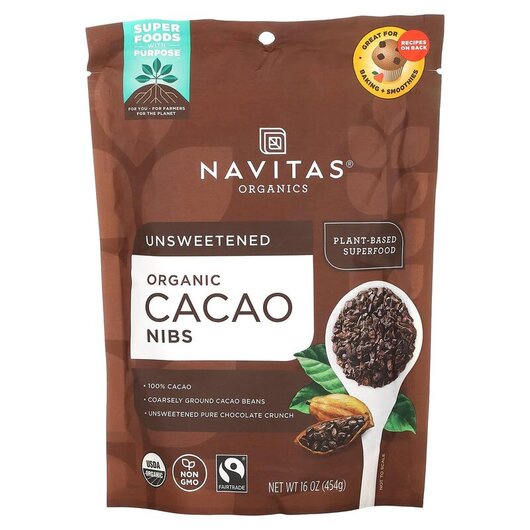Основне фото товару Organic Cacao Nibs Основне фото товару Navitas Organics, Organic Cacao Nibs, Какао у порошку, 454 г
