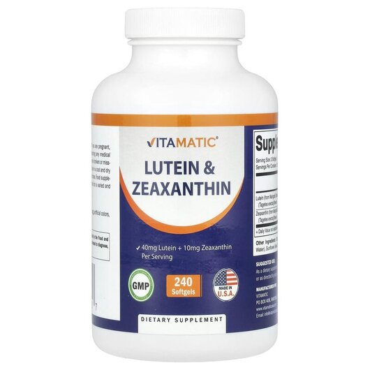 Основне фото товару Vitamatic, Lutein & Zeaxanthin, Лютеїн, 240 капсул