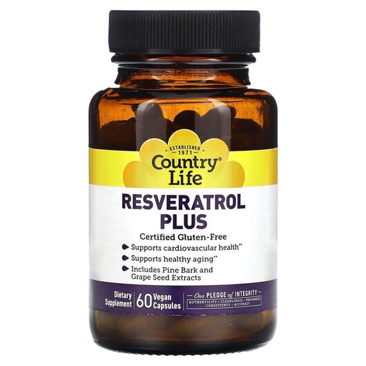 Основне фото товару Resveratrol Plus Основне фото товару Country Life, Resveratrol Plus, Ресвератрол Плюс, 60 капсул