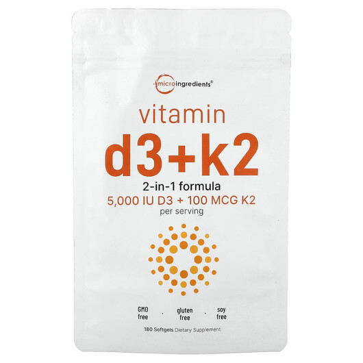 Основне фото товару Vitamin D3 + K2 5000 IU/100 mcg, Вітаміни D3 K2, 180 капсул