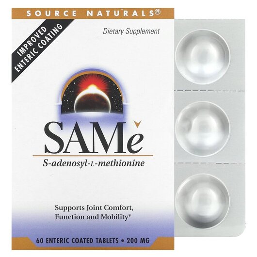 Основне фото товару SAM-e S-Adenosyl-L-Methionine 200 mg Основне фото товару SAM-e S-Adenosyl-L-Methionine, САМе Аденозил-метионін, 60 ентерос