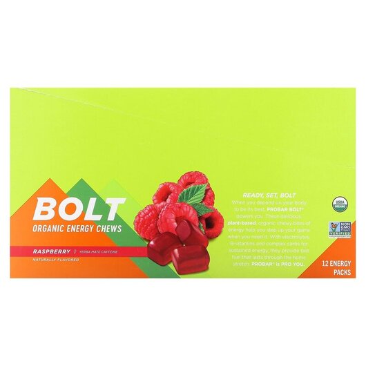 Основне фото товару Bolt Organic Energy Chews Raspberry, Жувальний енергетик, 12 шт