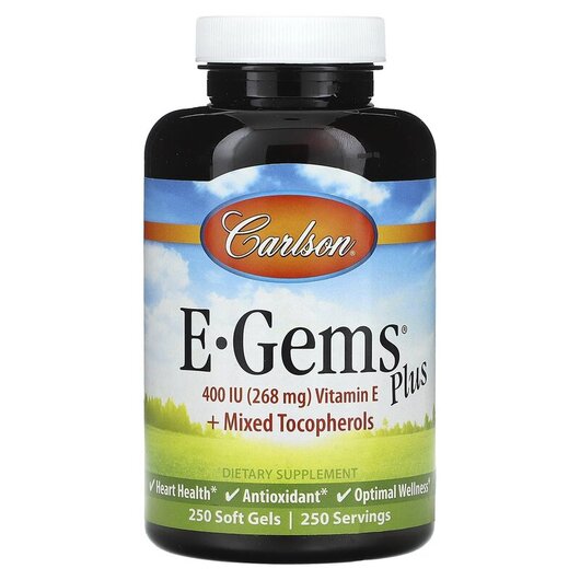 Основне фото товару E-Gems Plus 400 IU 268 mg Основне фото товару Carlson, E-Gems Plus 400 IU 268 mg, Вітамін E Токофероли, 250 кап