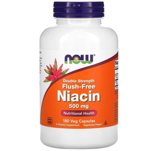 Основне фото товару NOW Foods, Niacin 500 mg, Ніацин 500 мг без приливів, 180 капсул