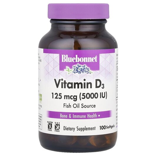 Основное фото товара Vitamin D3 125 mcg 5000 IU Основное фото товара Bluebonnet Nutrition, Витамин D3, Vitamin D3 5000 IU, 100 капсул