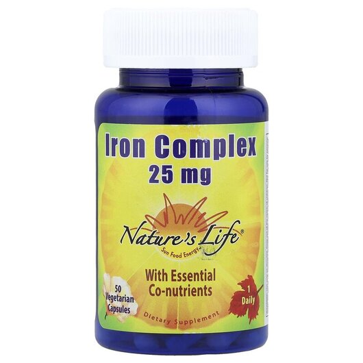 Основне фото товару Iron Complex 25 mg Основне фото товару Natures Life, Iron Complex 25 mg, Залізо, 50 капсул