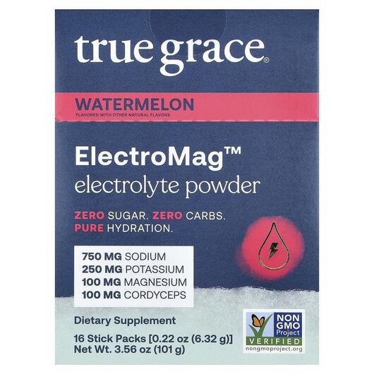 Основне фото товару ElectroMag Electrolyte Powder Watermelon Основне фото товару True Grace, ElectroMag Electrolyte Powder Watermelon, Магній, 16