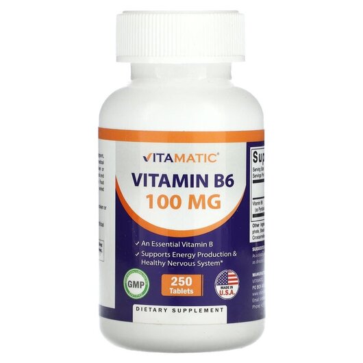 Основне фото товару Vitamatic, Vitamin B6 100 mg, Вітамін B6 Піридоксин, 250 таблеток
