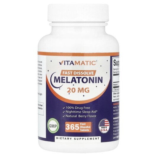 Основное фото товара Vitamatic, Мелатонин, Melatonin Natural Berry 20 mg, 365 таблеток