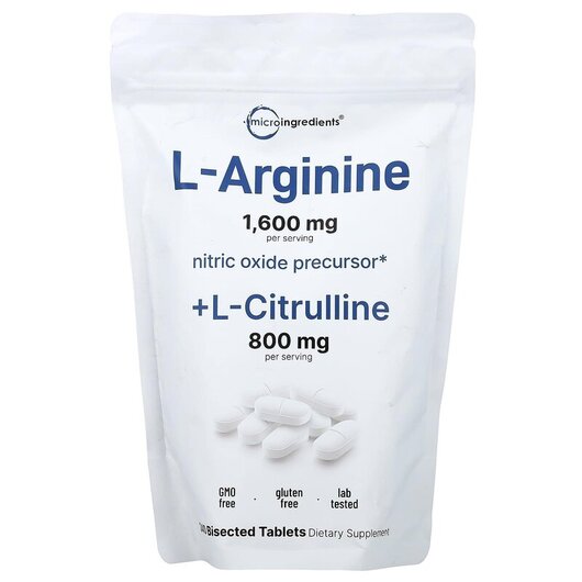 Основне фото товару L Arginine + L-Citrulline Основне фото товару Micro Ingredients, L Arginine + L-Citrulline, L-Аргінін, 240 табл