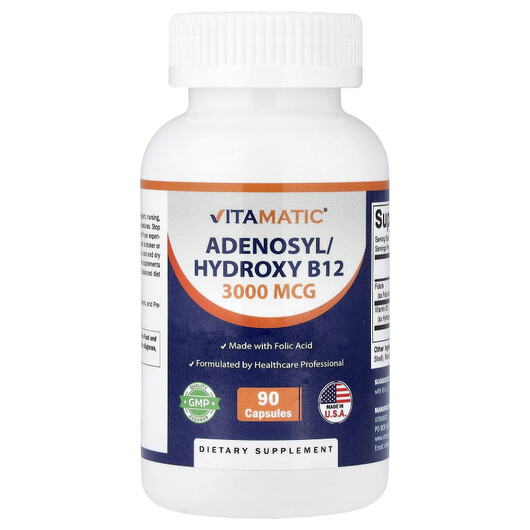 Основне фото товару Adenosyl/Hydroxy B12 Основне фото товару Vitamatic, Adenosyl/Hydroxy B12, Аденозилкобаламін В12, 90 капсул