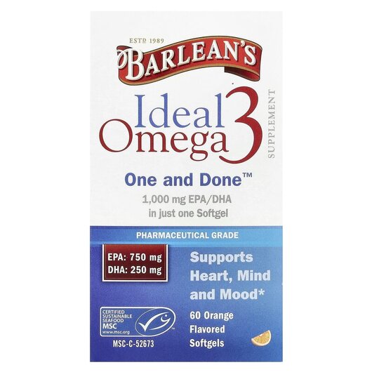 Основное фото товара Barlean's, Омега-3, Ideal Omega 3 Orange 1000 mg, 60 капсул