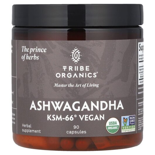 Основне фото товару Ashwagandha KSM-66 Vegan Основне фото товару Tribe Organics, Ashwagandha KSM-66 Vegan, Ашваганда, 90 капсул