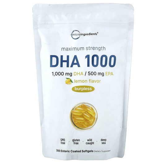 Основне фото товару Micro Ingredients, DHA 1000 Lemon, ДГК, 200 Enteric Coated Softge