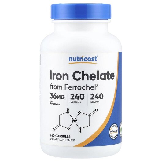 Основное фото товара Iron Chelate From Ferrochel 36 mg Основное фото товара Nutricost, Железо, Iron Chelate From Ferrochel 36 mg, 240 капсул