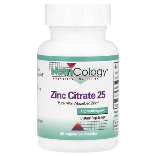 Основне фото товару Zinc Citrate 25 mg Основне фото товару Nutricology, Zinc Citrate 25 mg 60, Цитрат цинку 25 мг, 60 капсул