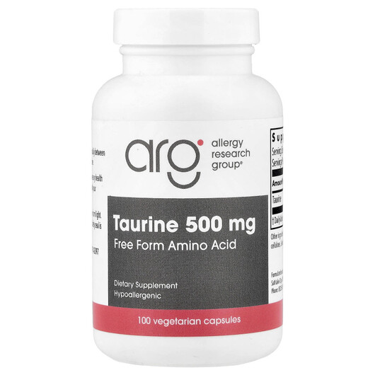 Основне фото товару Allergy Research Group, Taurine 500 mg, L-Таурин, 100 капсул