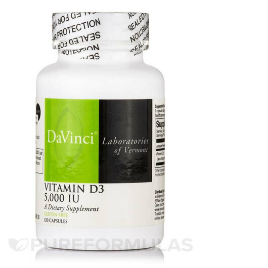 Основне фото товару Vitamin D3 5000 IU Основне фото товару DaVinci Laboratories, Vitamin D3 5000 IU, Вітамін D3, 120 капсул
