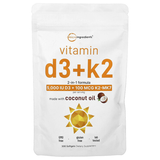 Основне фото товару Micro Ingredients, Vitamin D3 + K2, Вітаміни D3 K2, 300 капсул