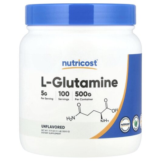 Основне фото товару L-Glutamine Unflavored Основне фото товару Nutricost, L-Glutamine Unflavored, L-Глутамін, 500 г