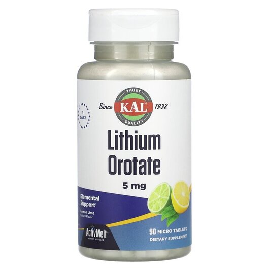 Основне фото товару Lithium Orotate 5 mg Lemon Lime Основне фото товару KAL, Lithium Orotate 5 mg Lemon Lime, Літій, 90 таблеток