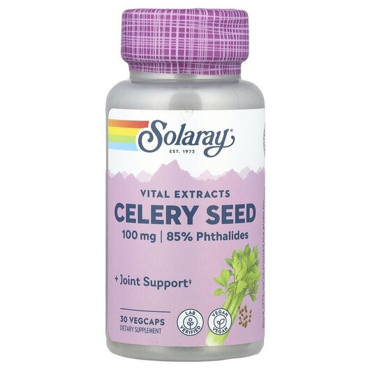 Основне фото товару Celery Seed Seed Extract 100 mg Основне фото товару Solaray, Celery Seed, Селера 100 мг, 30 капсул