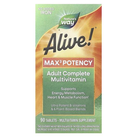 Основное фото товара Alive! Max3 Daily Multi-Vitamin No Added Iron Основное фото товара Nature's Way, Витамины, Max3 Potency, 90 таблеток