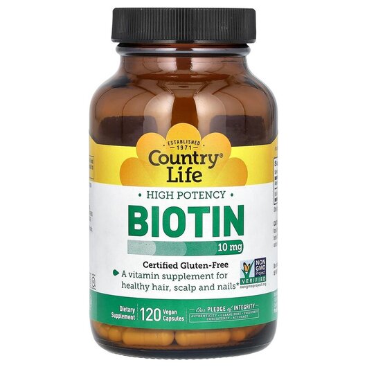 Основне фото товару Biotin High Potency 10 mg Основне фото товару Country Life, Biotin High Potency 10 mg, Вітамін B7 Біотин, 120 к