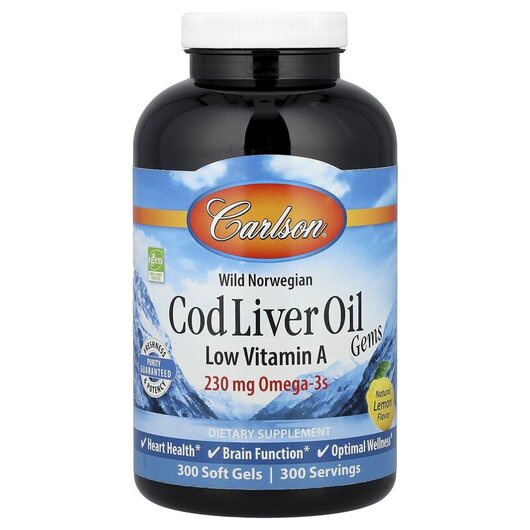 Основне фото товару Carlson, Cod Liver Oil Gems, Олія печінки тріски, 300 капсул