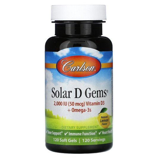 Основне фото товару Solar D Gems 2000 IU 50 mcg Vitamin D3 plus Omega-3s Natural Lemon Flavor Основне фото товару Solar D Gems 2000 IU 50 mcg Vitamin D3 plus Omega-3s, Вітамін D3,