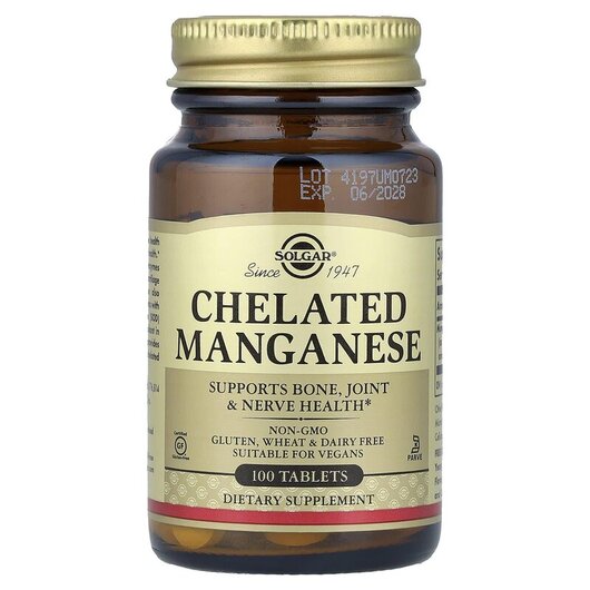 Основне фото товару Chelated Manganese 8 mg Основне фото товару Solgar, Chelated Manganese 8 mg, Марганець 8 мг, 100 таблеток