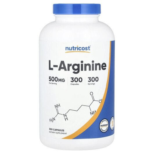 Основне фото товару L-Arginine 500 mg Основне фото товару Nutricost, L-Arginine 500 mg, L-Аргінін, 300 капсул