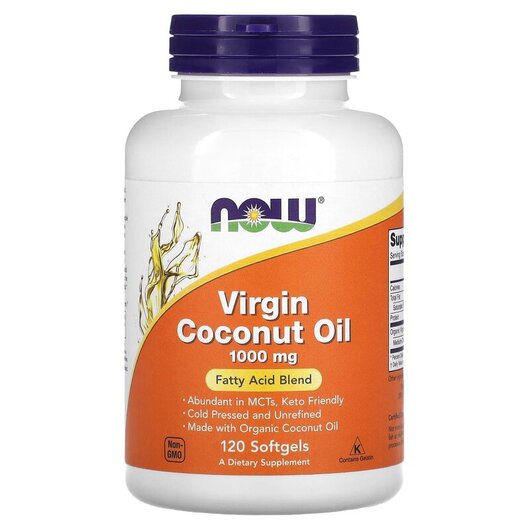 Основне фото товару Virgin Coconut Oil 1000 mg Основне фото товару NOW Foods, Coconut Oil, Кокосова олія першого віджиму, 120 капсул