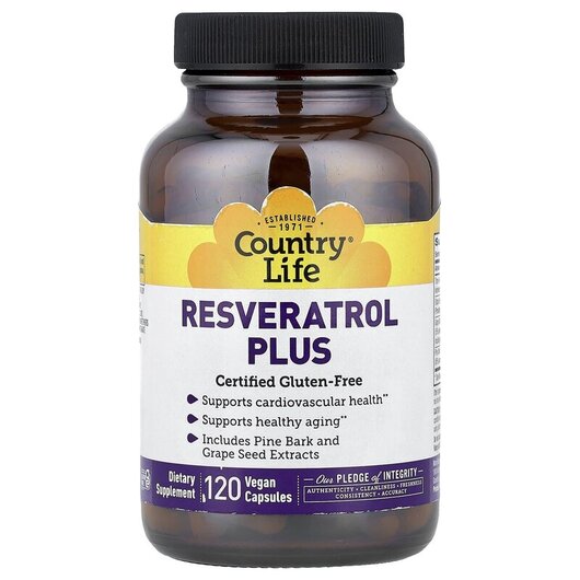 Основное фото товара Resveratrol Plus Основное фото товара Country Life, Ресвератрол, Resveratrol Plus, 120 капсул