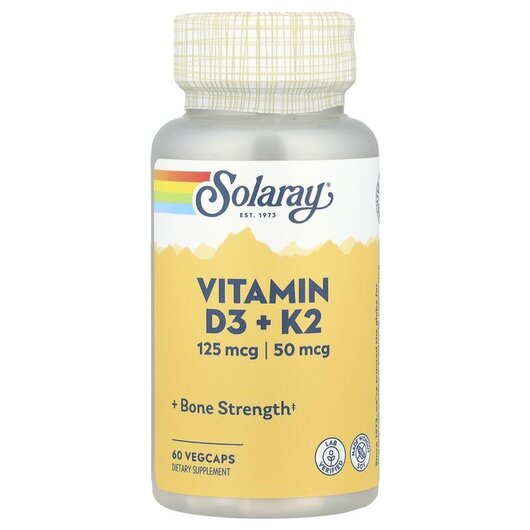 Основне фото товару Vitamin D3+K2 5000 IU Основне фото товару Solaray, Vitamin D3 + K2, Вітамін D3 + K2, 60 капсул