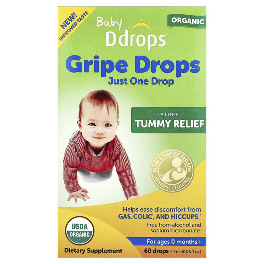 Основне фото товару Ddrops, Baby Organic Gripe Drops For Ages, Засоби від кольок, 1.7