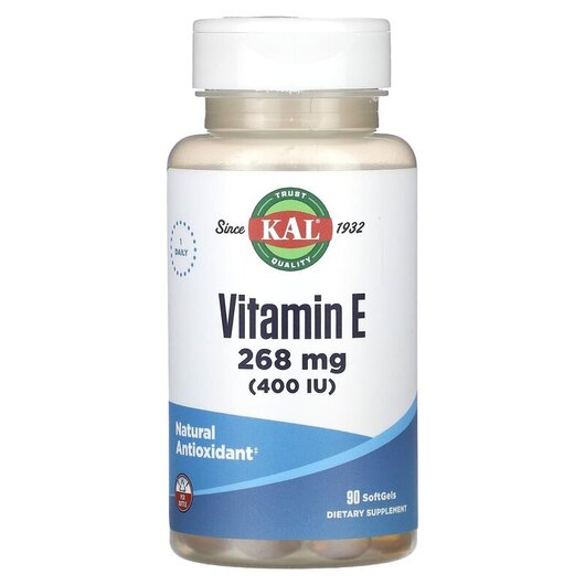 Основне фото товару Vitamin E 268 mg 400 IU Основне фото товару KAL, Vitamin E 268 mg 400 IU, Вітамін E Токофероли, 90 SoftGels