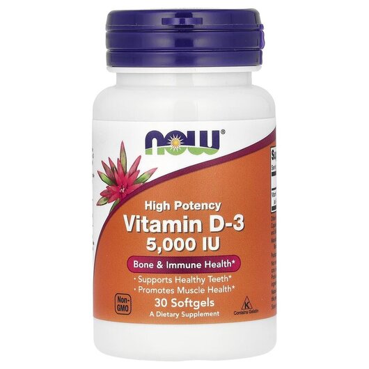 Основне фото товару Vitamin D-3 High Potency 5000 IU Основне фото товару NOW Foods, Vitamin D-3 High Potency 5000 IU, Вітамін D, 30 капсул