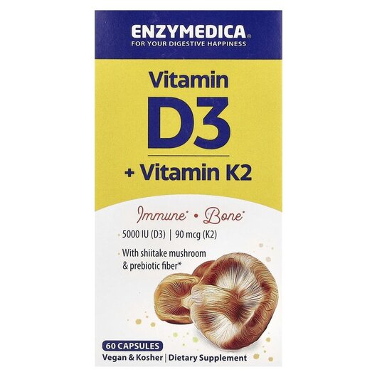 Основное фото товара Enzymedica, Витамины D3 + K2, Organic D3 + Vitamin K2, 60 капсул